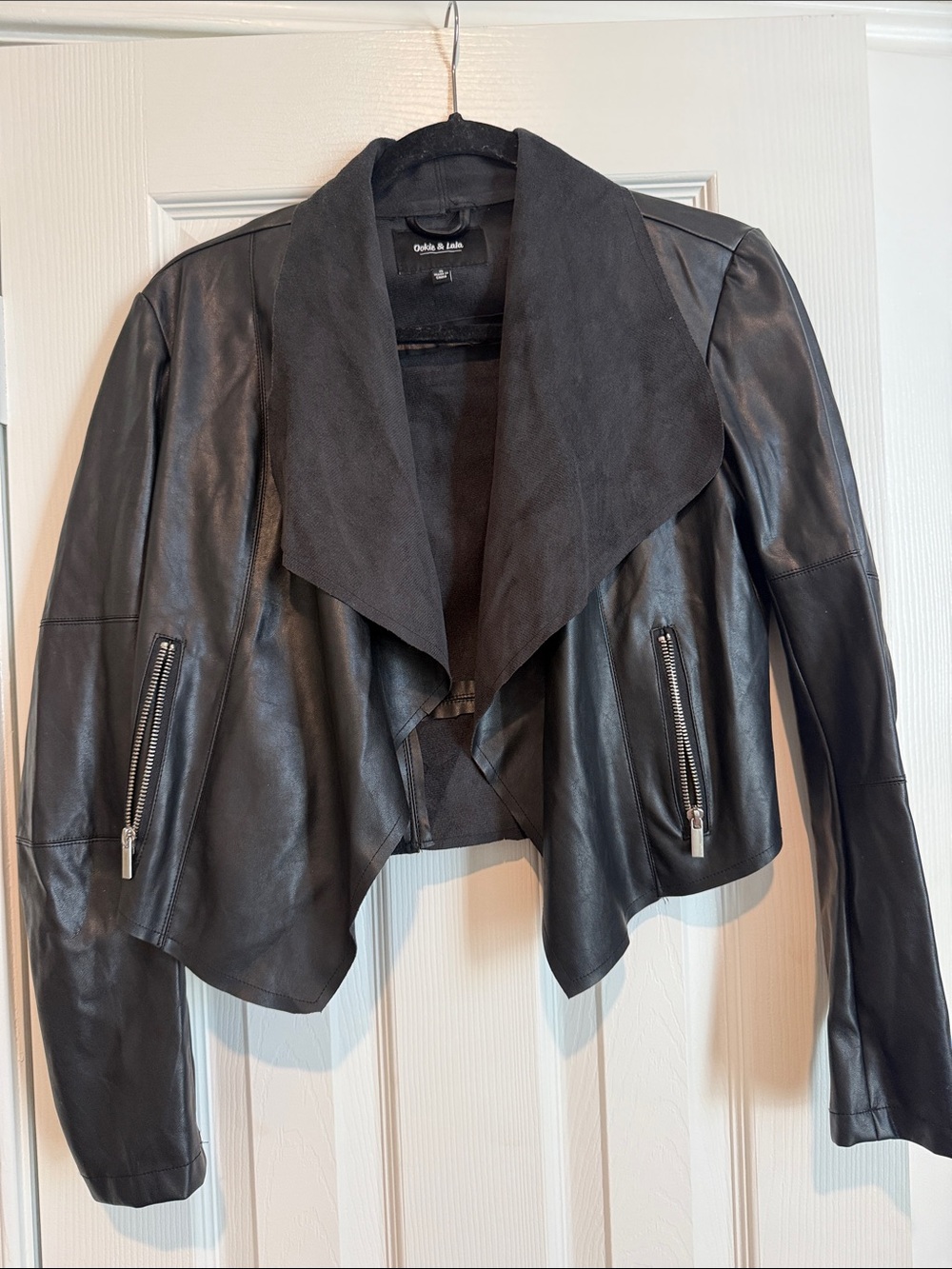 Ookie & Lala black faux leather draped jacket - size small